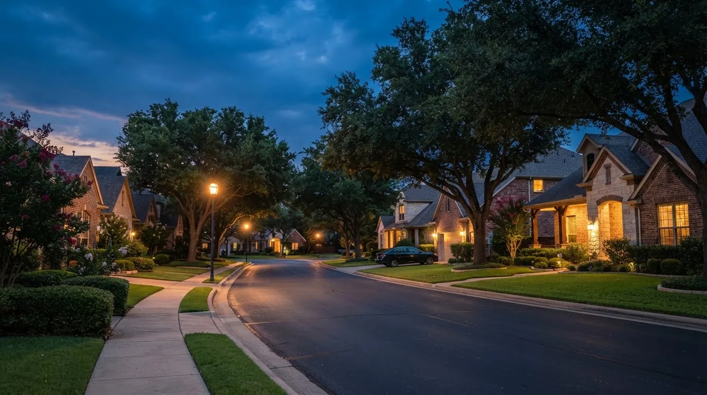 A quiet residential street at dusk, like the neighborhoods served in Houston